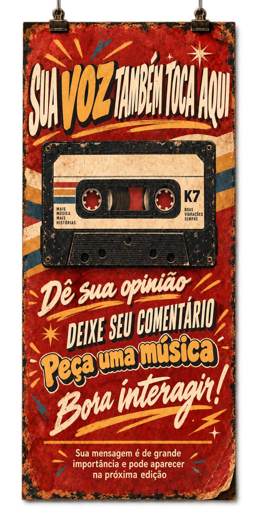Cartaz vermelho envelhecido, pendurado por prendedores, com uma fita K7. Sua voz também toca aqui. Dê sua opinião. Deixe seu comentário. Peça uma música. Bora interagir! Sua mensagem é de grande importância e pode aparecer na próxima edição.