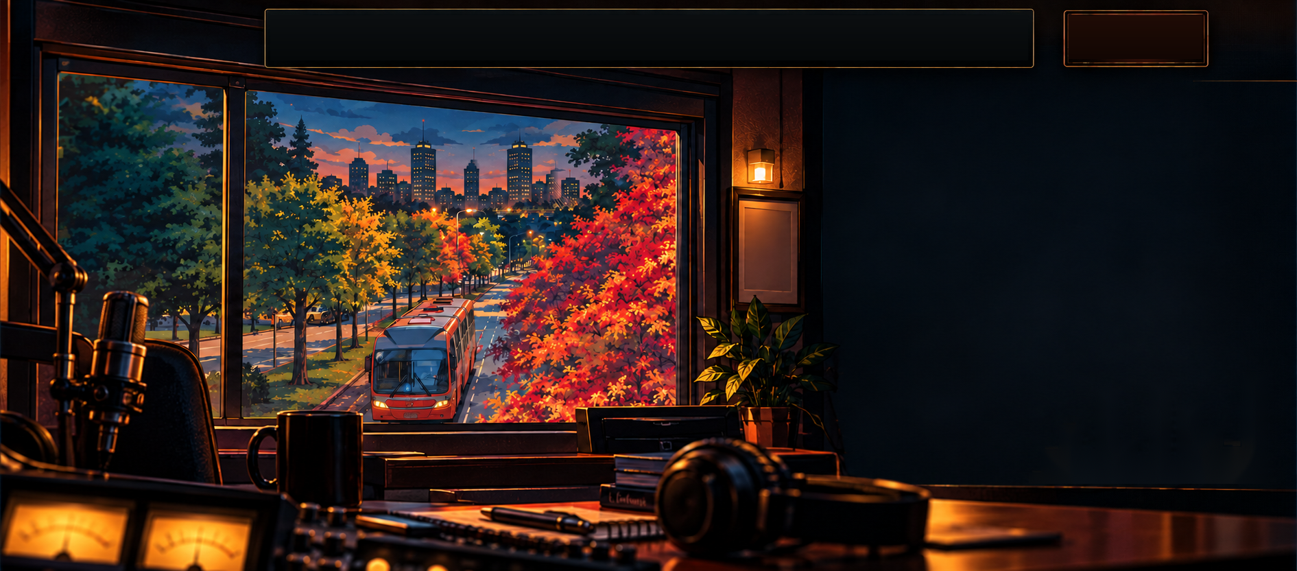 Estúdio aconchegante da Cidade + Web Rádio com vista ilustrada de Curitiba no outono.