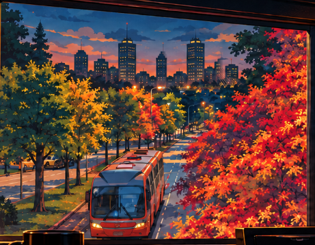 Curitiba ao entardecer no outono, com ônibus e skyline ao fundo.