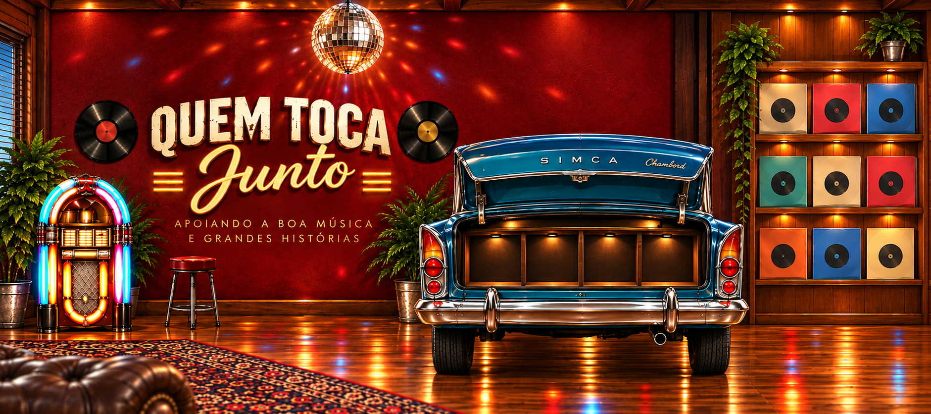 Salão retrô com parede vermelha, jukebox, globo de luz, Simca Chambord azul/turquesa com porta-malas aberto e prateleira lateral de discos.