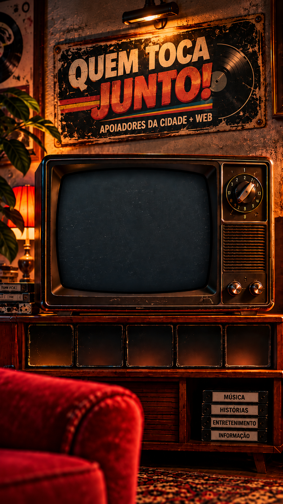 Sala retrô da Cidade mais Web com televisão de tubo sobre móvel dos anos 80, quadro Quem toca junto e braço de sofá vermelho.